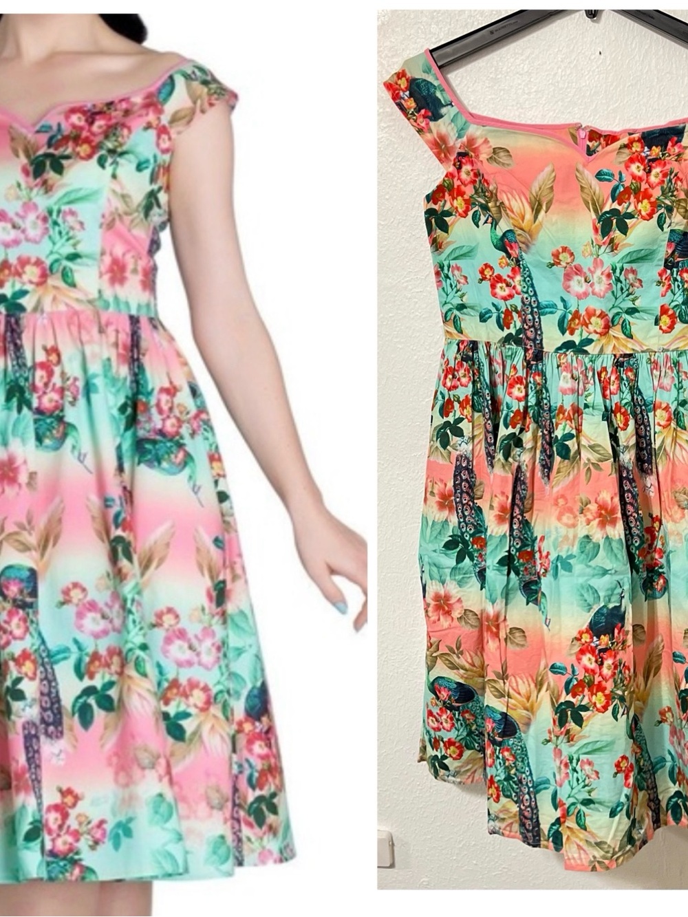 Hell Bunny Vixen Peacock Pastel Swing Dress Pin up Poster Girl Off-Shoulder - Picture 13 of 14